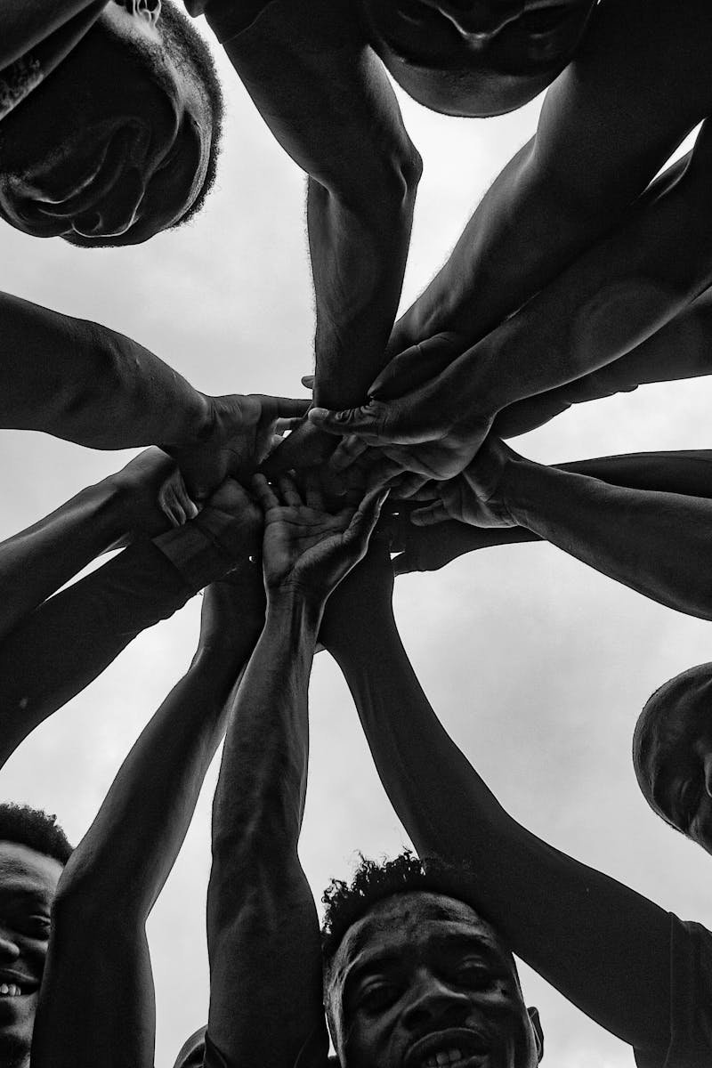 Silhouetted group of diverse adults holding hands in a circle, symbolizing unity and teamwork.